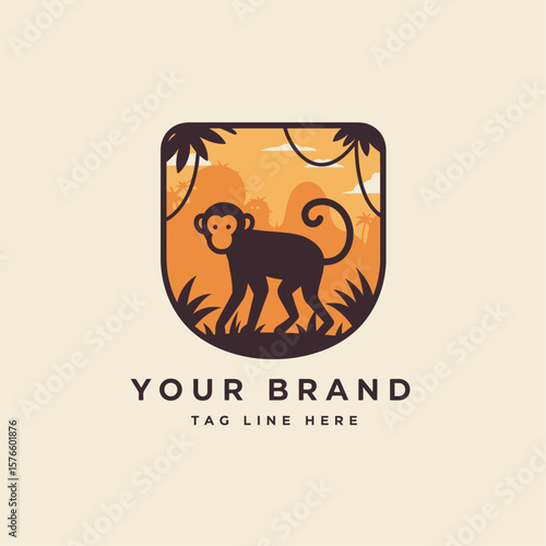 Vintage Monkey in Jungle Logo Badge Emblem