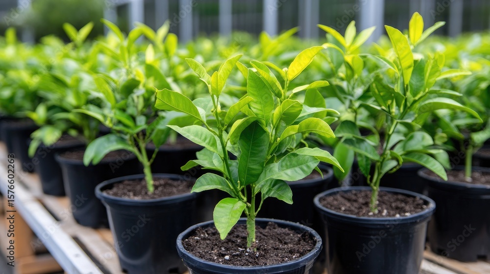 Young citrus trees in pots greenhouse Young citrus trees in pots greenhouse