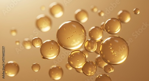 Golden Spheres Floating in a Warm Light, Abstract Bubbles Illustration.