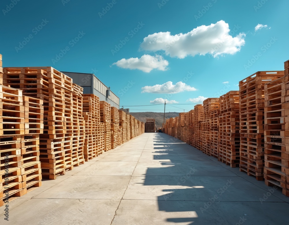 Fototapeta premium Vast outdoor storage area displays endless rows of stacked wooden pallets under clear blue sky. Industrial yard features large building in background. Pallets neatly piled high, awaiting shipment,