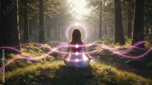 Woman Meditating Forest Energy Flow.
