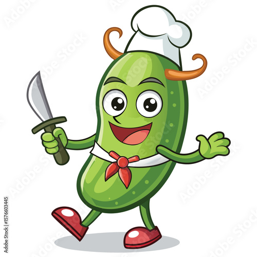 Cartoon pickle chef holding a knife, wearing a chef's hat and a red neckerchief, with a happy expression and waving