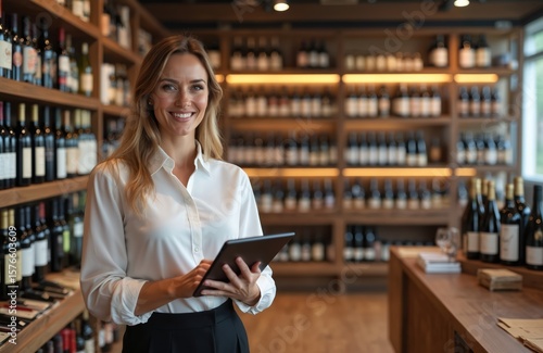 Smiling businesswoman manager holds digital tablet in liquor store. Successful woman in retail, wine sales. Employee with confidence works in wine shop, checking inventory on shelves.