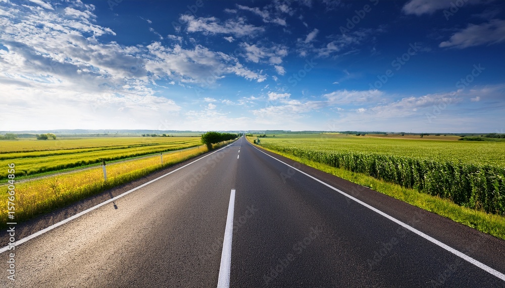 Naklejka premium open highway stretching through rural fields under blue sky