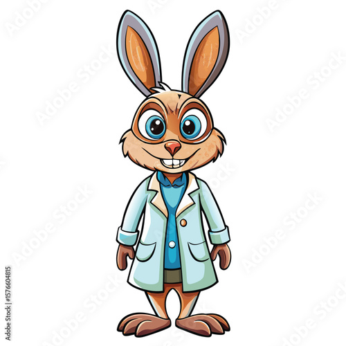 Cartoon rabbit wearing a light blue lab coat