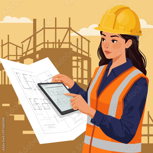 A female construction engineer in a hard hat and safety vest reviews blueprints and a tablet on a building site.