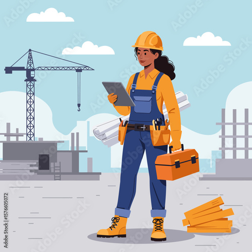A female construction worker checks blueprints at a building site, holding a tablet and toolbox, with a crane and unfinished building in the background, showcasing determination and expertise in the