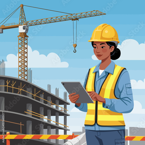 An illustration of a female construction worker wearing a hard hat and safety vest, using a tablet to oversee a building project with a crane in the background on a sunny day.
