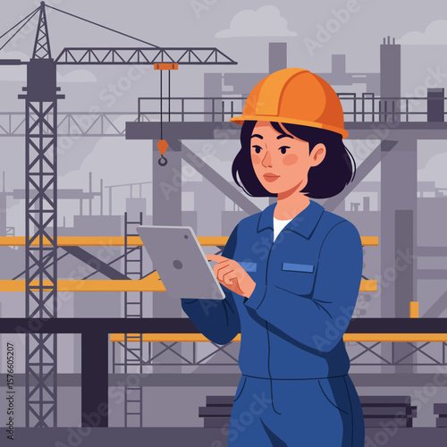 A diligent female construction engineer in a hard hat and blue jumpsuit uses a tablet, overseeing operations at a bustling building site with cranes.