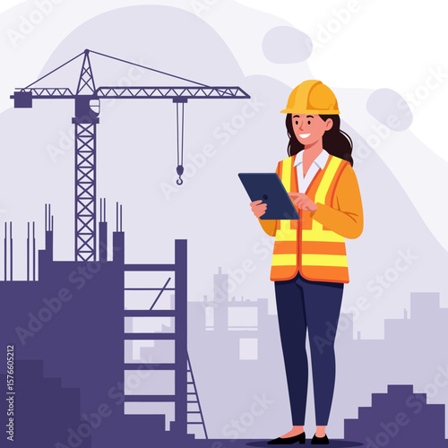 A female construction professional in a hard hat and safety vest uses a tablet to oversee a building development project on a busy construction site.