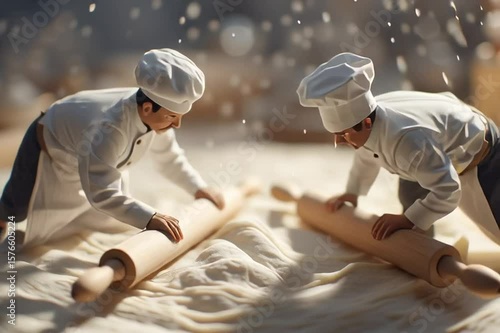 Tiny people dressed as chefs are preparing big pizza dough. Miniature human figures making food.