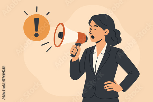 Confident businesswoman with megaphone making an important announcement. Attention and alert concept with exclamation mark. Communication, broadcasting message or public speaking.
