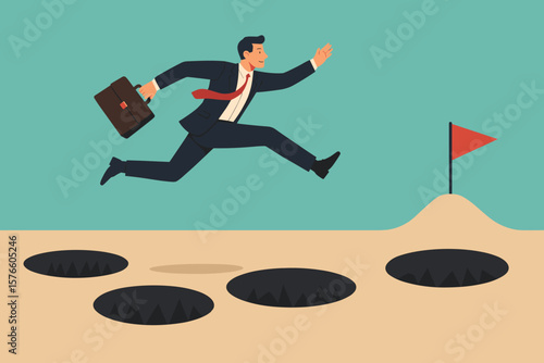 Businessman jumping over pitfalls to reach a goal. Overcoming adversity, avoiding mistakes, and business success concept. Courage, skill, and strategy to achieve career goals.