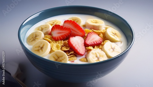 cereal flakes in a glass of milk with fresh fruit pieces such as strawberries and banana slices the soft creamy texture of the milk