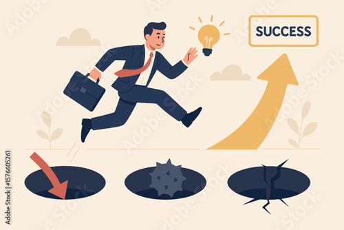 Businessman with an idea jumping over pitfalls. Concept of overcoming obstacles, challenges, and risks. Business solution, career growth, strategy for success, and avoiding failure.