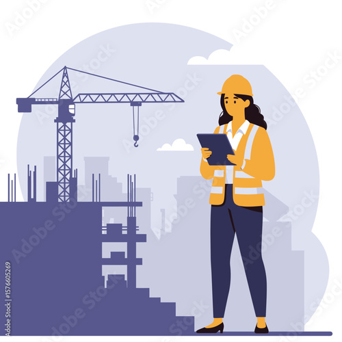 A female construction worker in a safety vest and hard hat reviews plans on a tablet at a construction site with a crane and city skyline in the background.