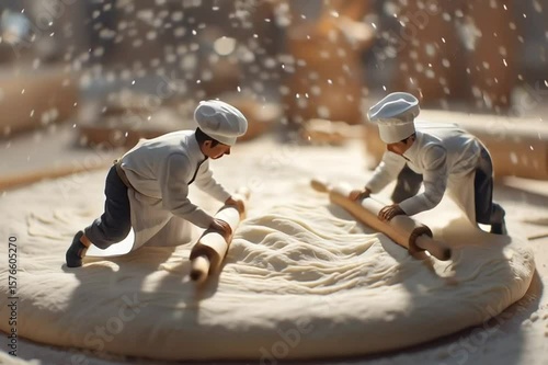 Tiny people dressed as chefs are preparing big pizza dough. Miniature human figures making food.