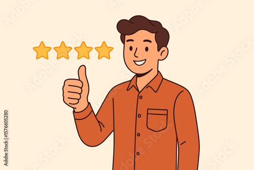 Happy male client giving a positive four star rating. Man with thumbs up gesture. Customer satisfaction, good review and user feedback for high quality service concept.