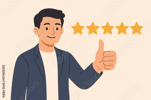 Happy man gives thumbs up for a five star rating. Concept of customer satisfaction, positive feedback, and user experience. Excellent service and high quality product review.