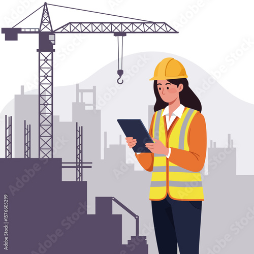 A female engineer supervises a construction project using a tablet while a large crane operates in the background.