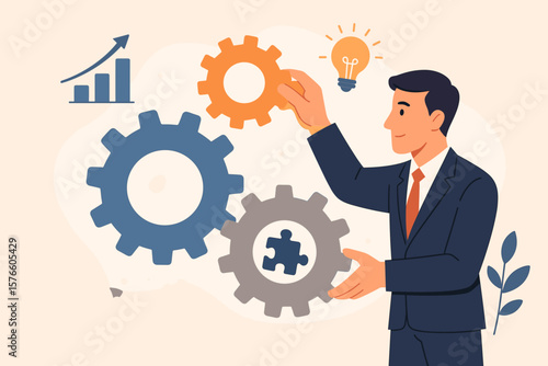 Business solution for problem solving. Businessman with gears metaphor for strategy, management, and success. Leadership, expertise, and skill to drive growth and development.