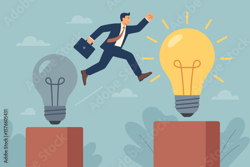 Business transformation, change management, transition to innovative company. Improvement, adaptation to new normal concept. Smart businessman jumps from old idea to a new one.