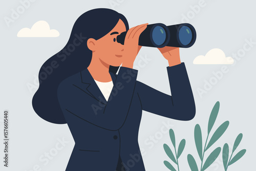 Business woman with binoculars searching for opportunity. Career vision, looking for a new job. Future success, leadership exploration. Recruitment and looking ahead concept.