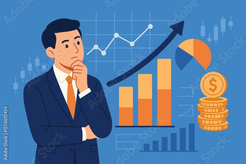 Businessman doing financial data analysis. Economic growth diagram. Stock market exchange data for investment. Growth earning income concept. Man thinking about profit.