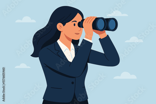 Business woman with binoculars looking for new job opportunity. Career vision, looking far ahead to find future success. Observe, foresight, strategy. Businesswoman leader.