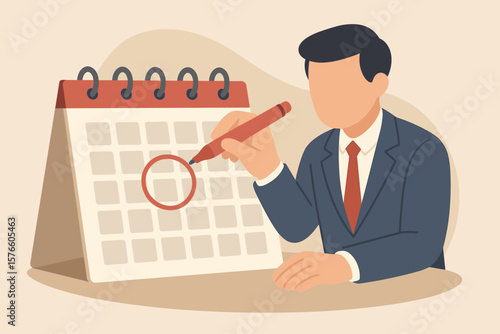 Calendar date event reminder for meeting schedule or appointment. Work deadline mark. Weekly plan, important business date concept. Businessman hand circle mark on calendar.
