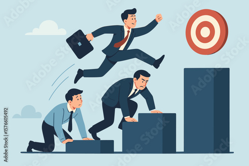 Career competition concept. Selfish businessman jumps over colleagues for job promotion and success. Unfair advantage in corporate race to reach the target goal. Rivalry metaphor.