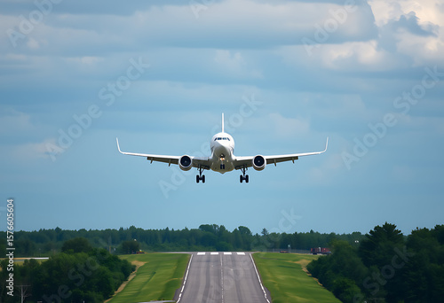  Passenger plane takes off from runway. Jet aircraft in flight, ascending from airport. Commercial airliner flying across blue sky above green forest trees. Travel concept