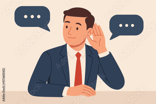 Active listening concept vector. Communication skill for job effectiveness. Businessman engage in discussion or conversation. Processing information. Empathy and soft skills.