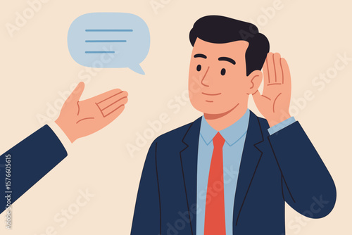 Active listening as a communication skill for job effectiveness. Businessman engaging in a discussion, processing information. Concept of awareness, hearing, and understanding.