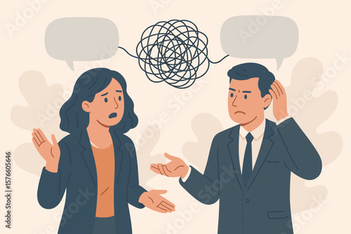 Communication problem and misunderstanding concept. Business people conflict with tangled thoughts. Man and woman conversation with chaos dialogue. Discussion mess vector illustration.