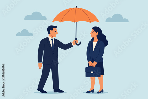 Kindness and empathy in leadership concept. Manager protecting employee with an umbrella. Metaphor for team support, care, respect, mentorship, and business security.