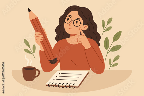 Content writer, blogger, or journalist concept. Smart freelance woman holding a big pencil, thinking and writing creative content. Copywriter or publishing editor making notes.