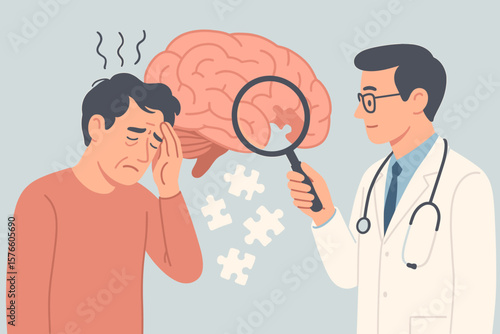 Amnesia memory loss concept. Doctor examining brain with magnifying glass. Alzheimer disease, dementia, mental illness, psychology, anxiety, thinking or remember disorder.