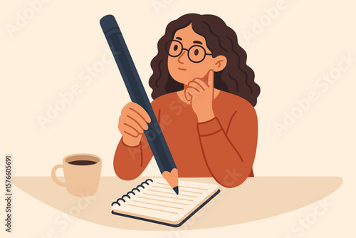Content writer, blogger or editor concept. Young woman freelance holding big pencil, thinking and writing content on notepad paper. Author, copywriter, journalist metaphor idea.