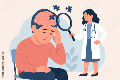 Amnesia memory loss concept. Brain dementia, alzheimer disease. Mental illness, thinking disorder. Psychology anxiety concept. Doctor with magnifying glass examines patient.