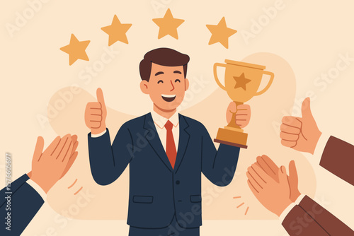 Appreciate high performance employee. Good job or praising success staff. Recognition or congratulation concept. Cheerful success businessman holding trophy with appreciation.