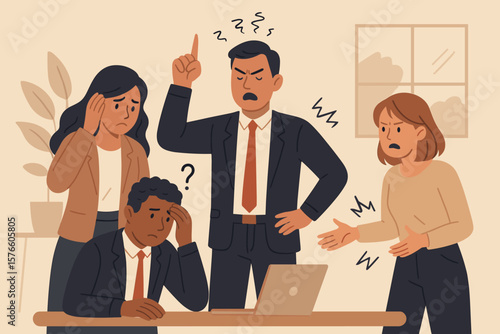 Workplace conflict with angry boss shouting at employees. Toxic environment, bad management, and business pressure causing stress, frustration, and team communication problems.