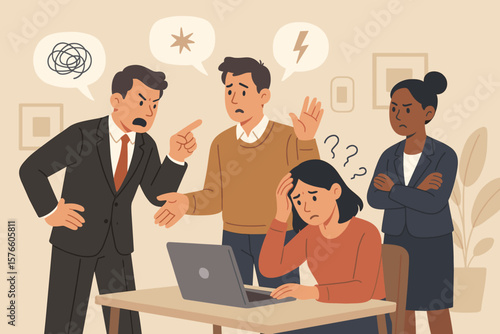 Workplace conflict with angry boss yelling at employees. Stressed, frustrated business people. Difficult, toxic work environment. Bad communication, argument, and pressure concept.