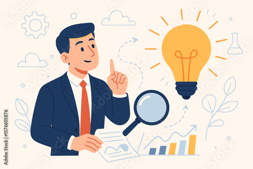 Businessman discovering new ideas. Concept for innovation, problem-solving, and market research. Finding intelligence solutions for business growth and opportunity. Vector.