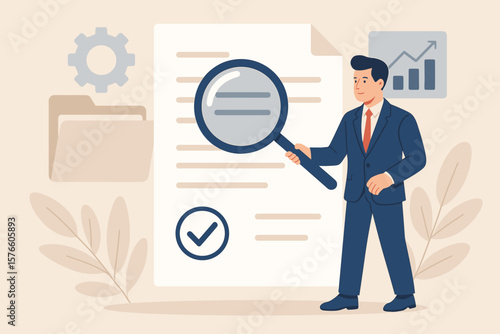 Businessman with magnifying glass checking document. Financial audit and analysis concept. Contract review, agreement validation, data verification. Business inspection.