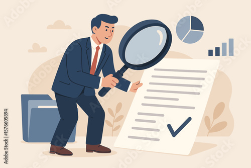 Businessman manager with magnifying glass checking documents. Contract validation, financial or budget analysis concept. Searching and auditing files for business verification.
