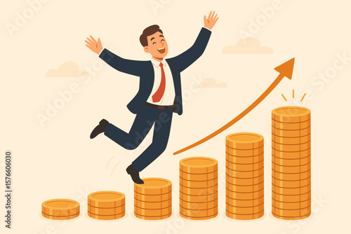 Compound interest, money growth investment concept. Businessman investor jumping on growing coin stacks. Financial prosperity, earning, profitability and success. Stock market return.
