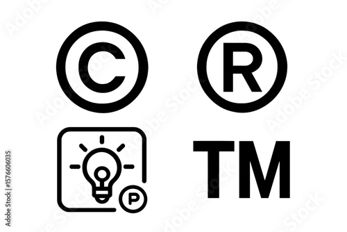 Intellectual property icon set. Copyright, registered trademark, and patent symbols. Legal ownership and brand protection signs. Author rights and creative invention mark vector.