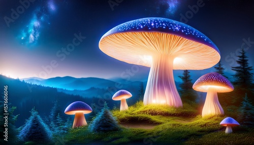 giant luminous mushrooms glowing in serene landscape generative ai