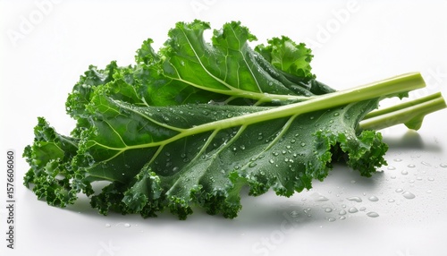 fresh kale leaves isolated on white background with water droplets